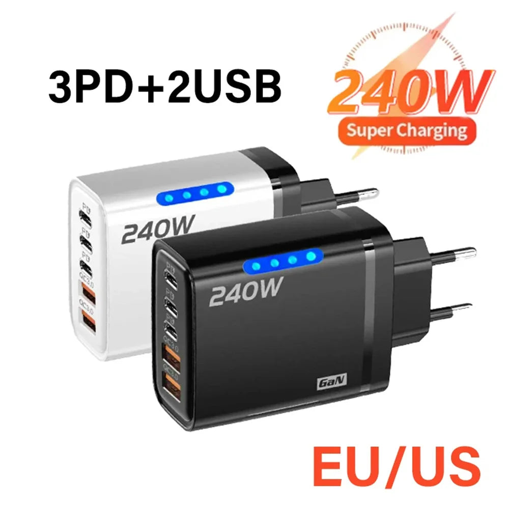 240W GaN 5 in 1 USB C Charger Fast Charging Phone Charger Power Adapter Type C EU/US Plug Wall Charger For iPhone Samsung Xiaomi