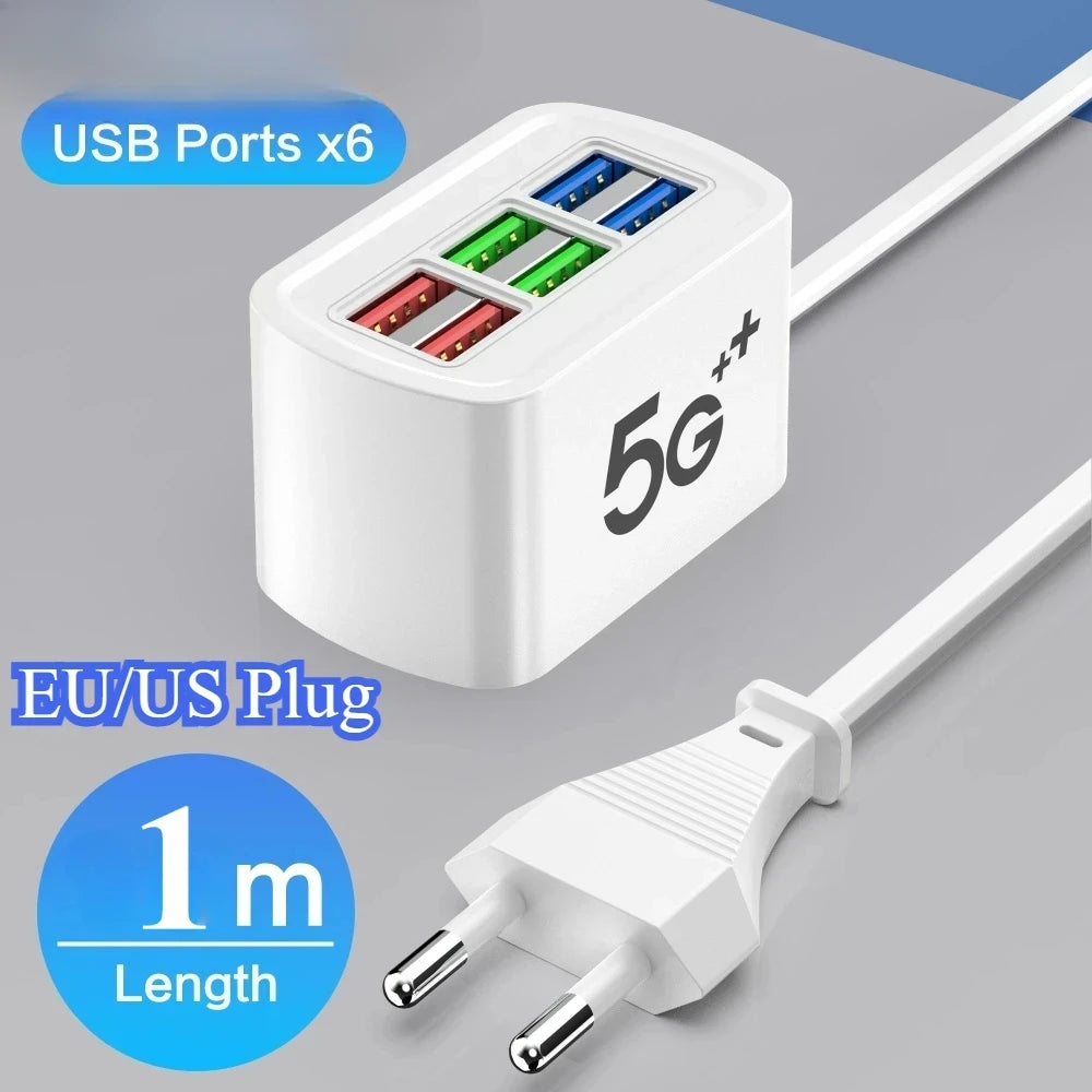 6 Ports Power Strip Multi USB Phone Charger Universal Adapter Fast Quick Charging Head Socket Wall Charger Socket HUB Splitter